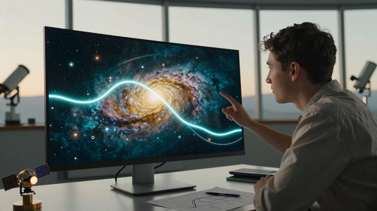 Jovem analisando imagem de galáxia em monitor com gráficos e telescópios ao fundo em ambiente de estudo.