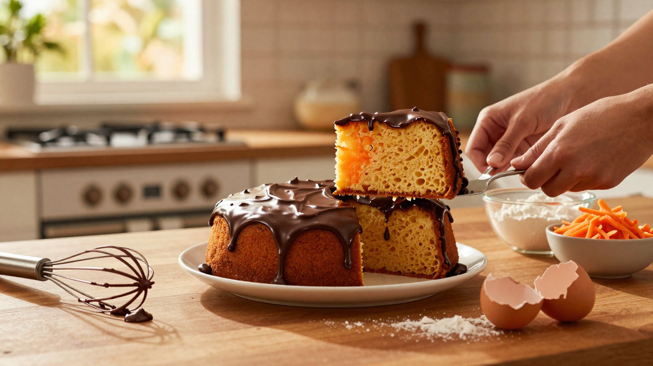 Bolo de cenoura com cobertura de chocolate sendo servido em cozinha com ingredientes e utensílios ao fundo.