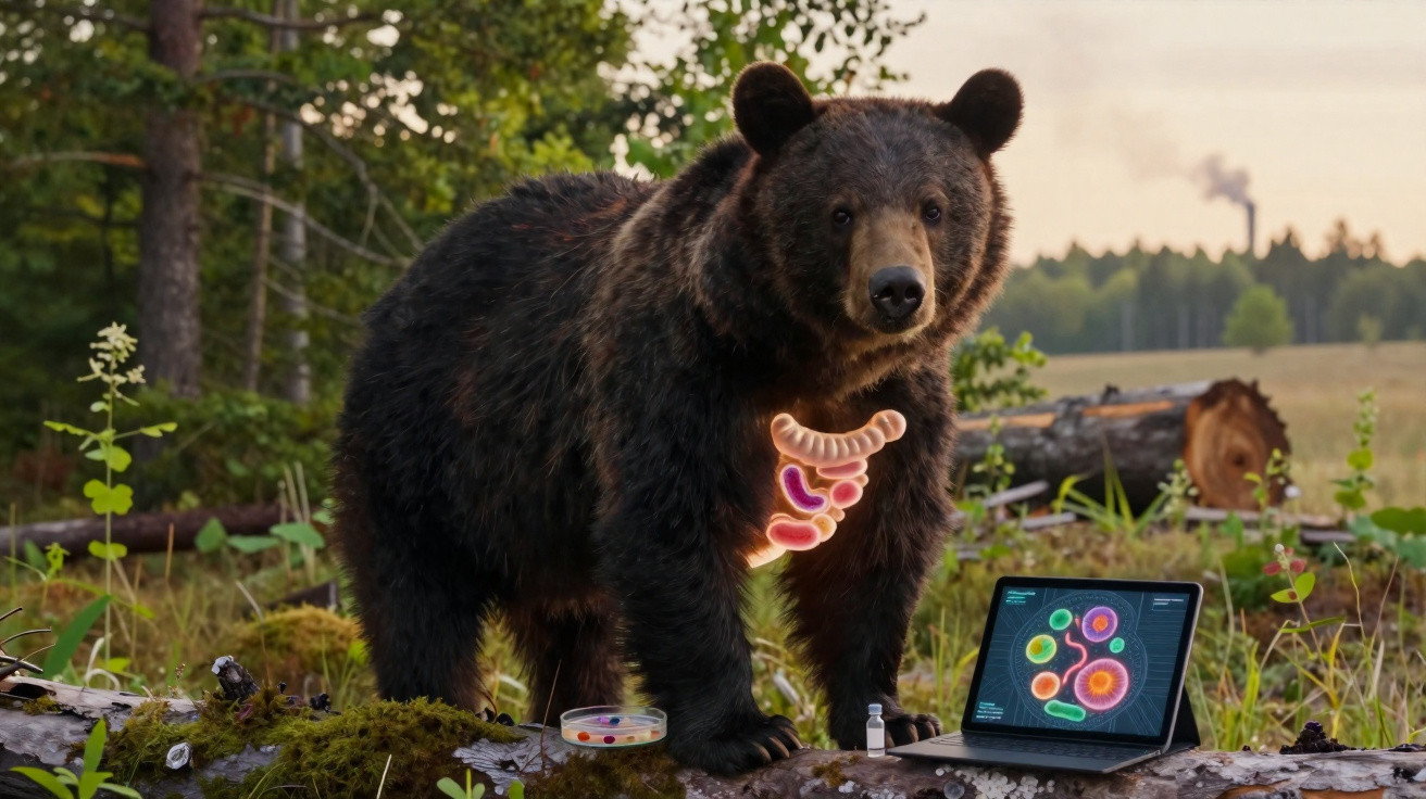 Urso com ilustração de sistema digestivo em ambiente natural ao lado de tablet mostrando micro-organismos.