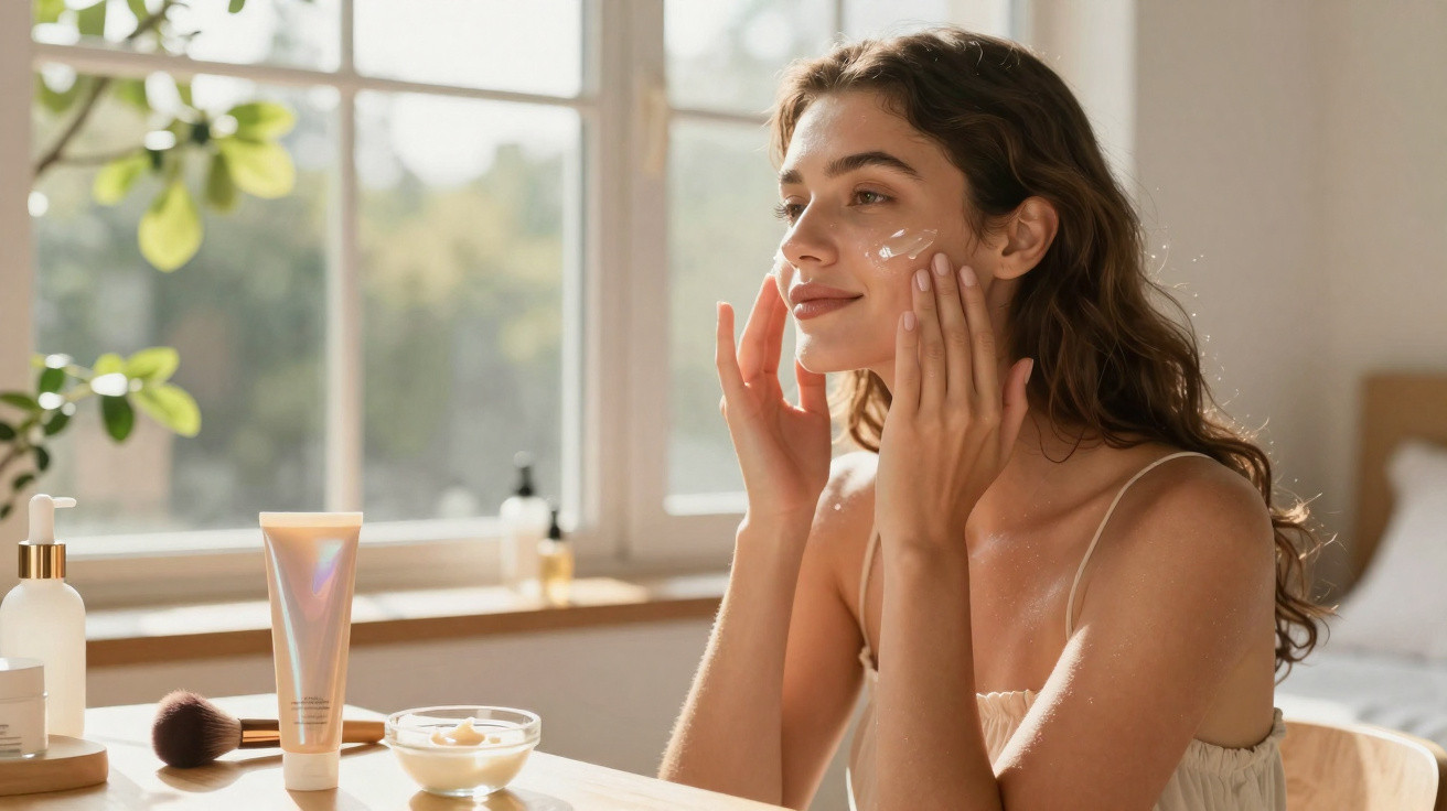 Mulher aplicando creme facial, sentada em mesa com produtos de beleza, iluminada por luz natural.