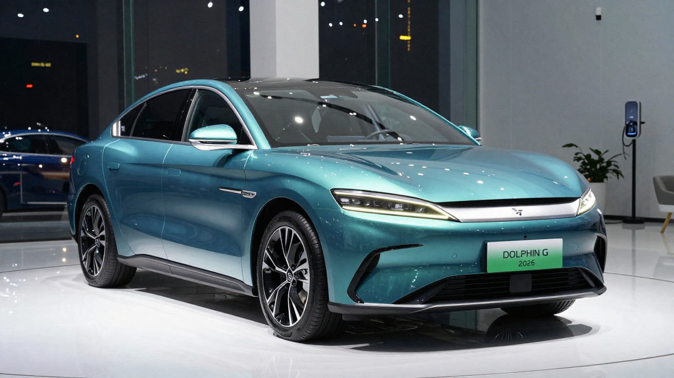 Carro elétrico sedan verde metálico Dolphin G 2026 exibido em salão de automóveis moderno.
