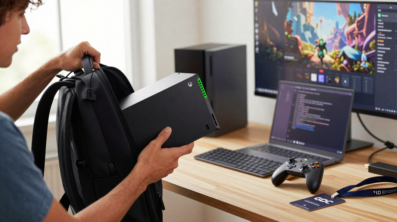 Pessoa guardando console Xbox Series X em mochila perto de mesa com computador e controle de videogame.