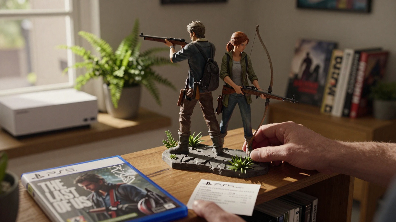 Figuras dos personagens Joel e Ellie do jogo The Last of Us em uma mesa com caixa do jogo e recibo.