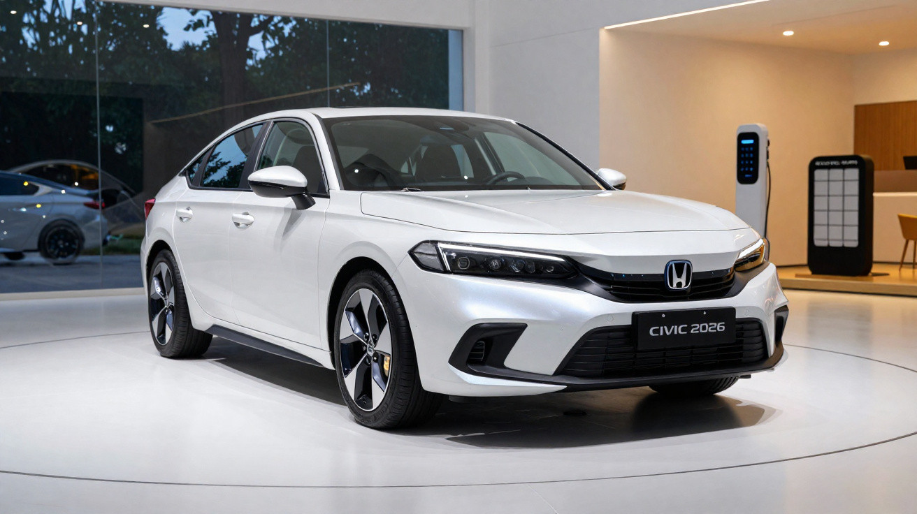 Carro branco Honda Civic 2026 estacionado em área interna com parede de vidro ao fundo.