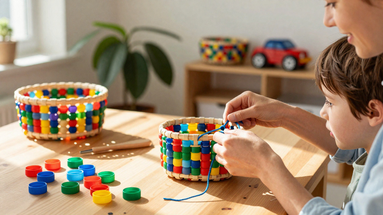 Criança com adulto fazendo artesanato com tampas coloridas e barbante em mesa de madeira.