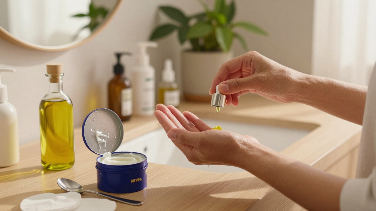 Mãos aplicando óleo facial com conta-gotas próximo a creme Nivea aberto sobre bancada com produtos de beleza.