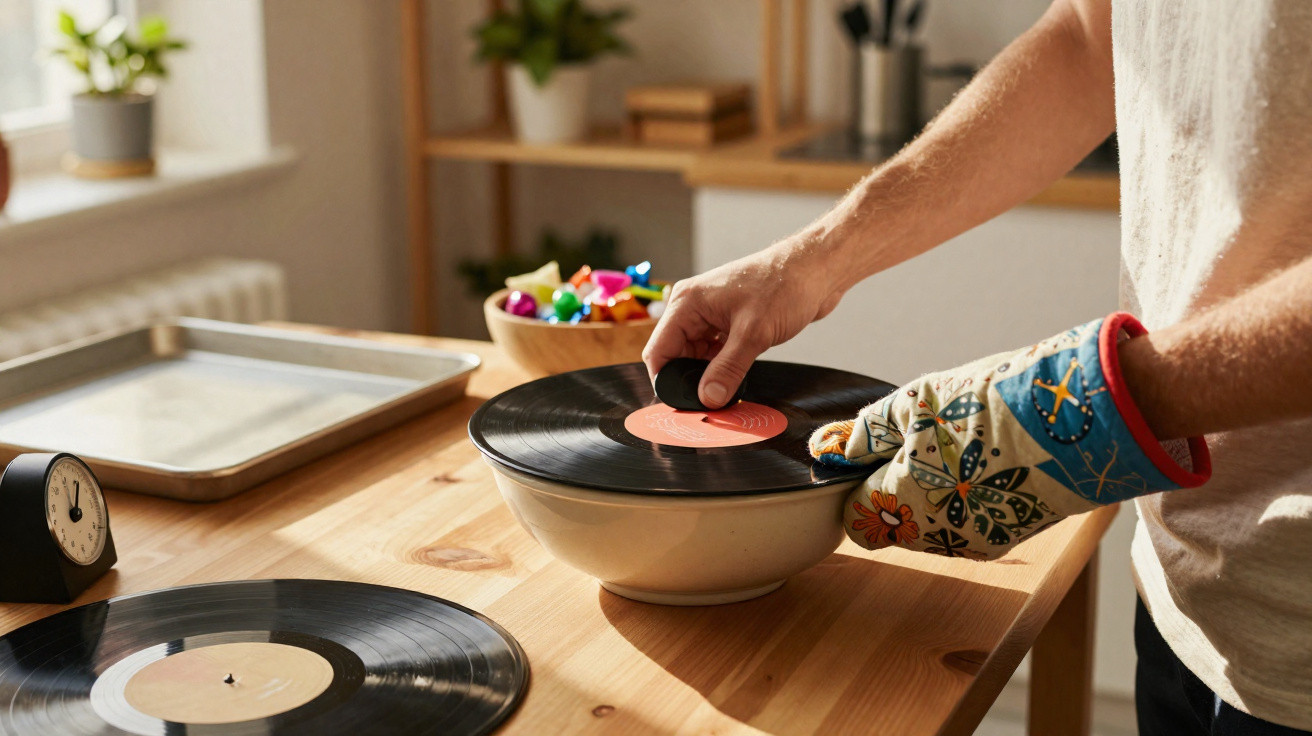 Pessoa usando luva de forno manipula disco de vinil sobre tigela em cozinha iluminada pela manhã.
