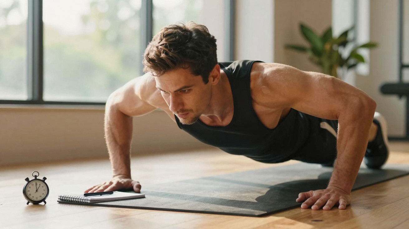 Homem fazendo flexão de braço em tapete de yoga com relógio e caderno ao lado, em ambiente iluminado.