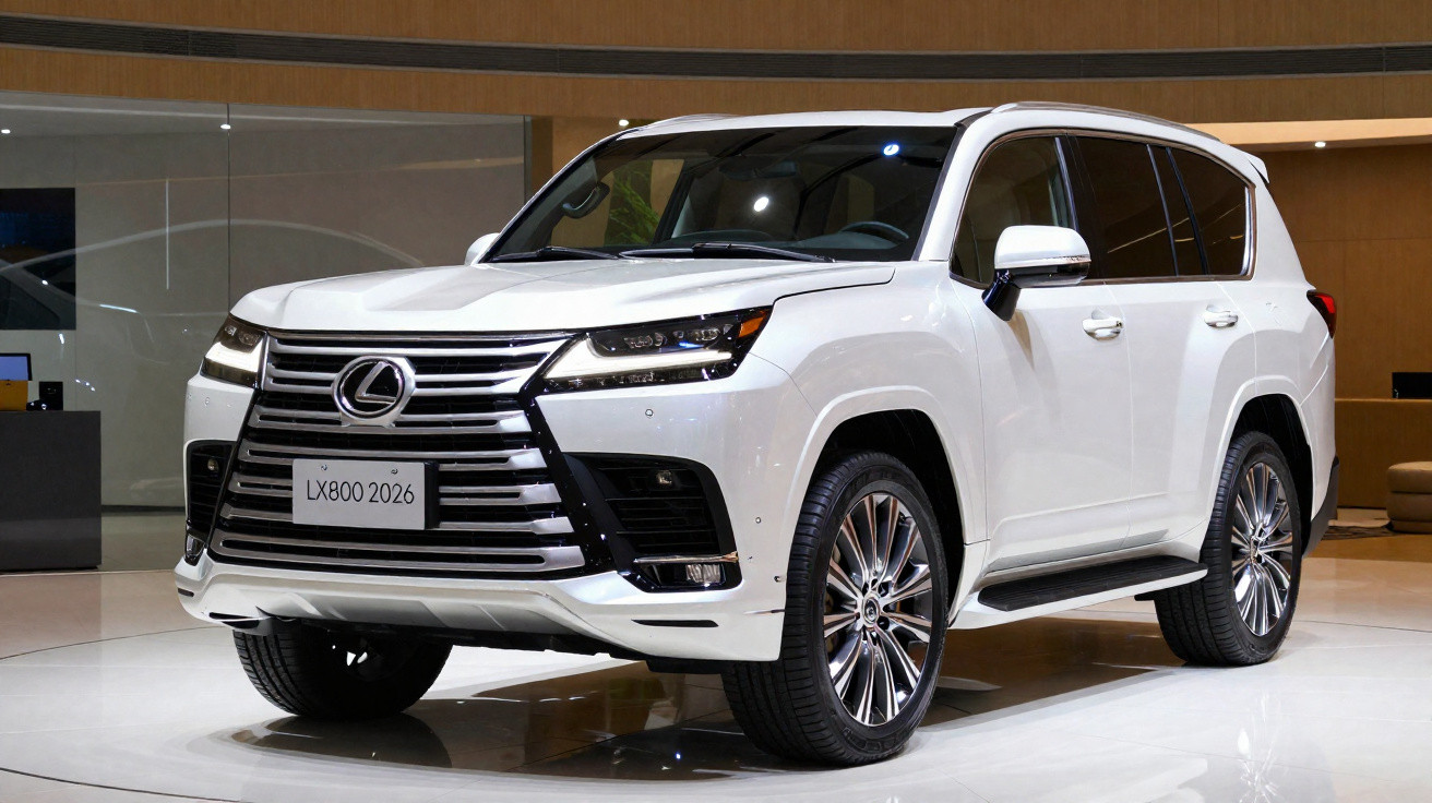 SUV Lexus LX800 2026 branco exibido em showroom com design robusto e rodas cromadas.