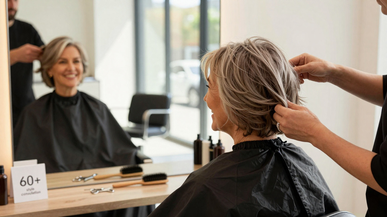 Mulher madura sorrindo enquanto recebe corte de cabelo em salão moderno e bem iluminado.