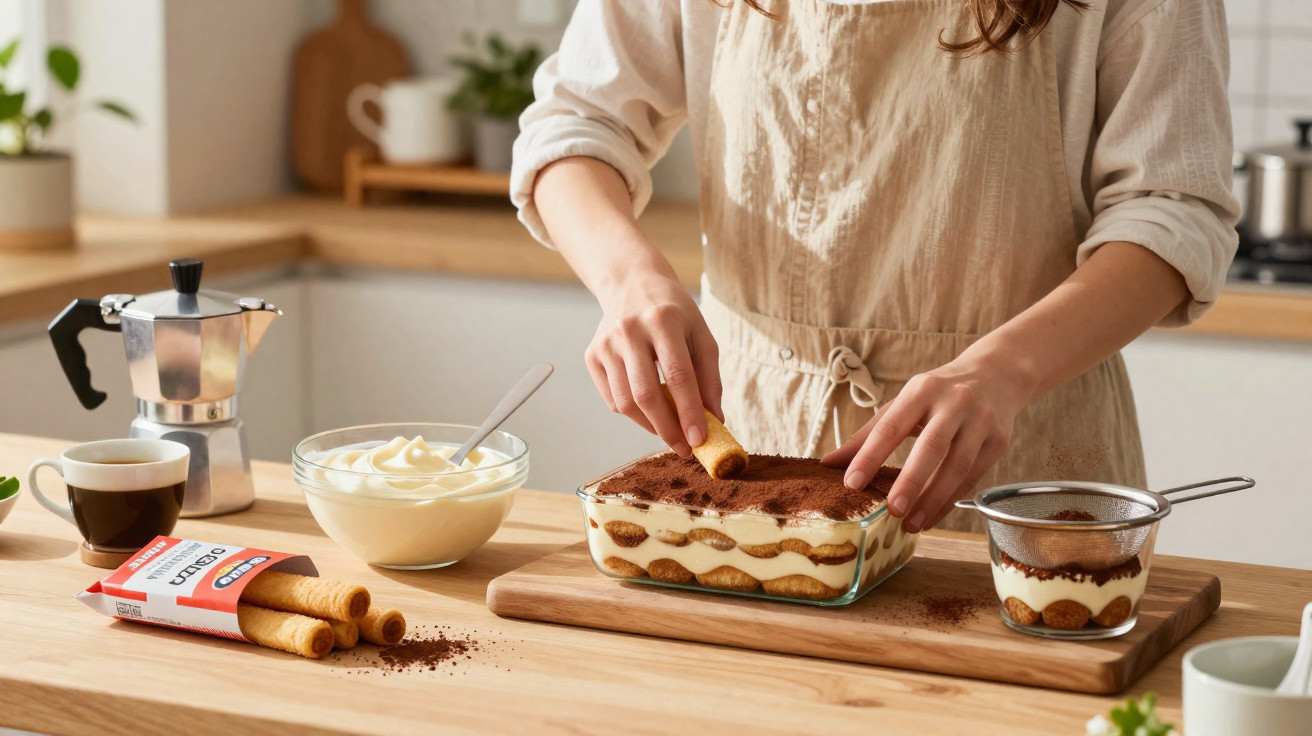 Pessoa preparando tiramisu com biscoitos, creme e café em cozinha clara.