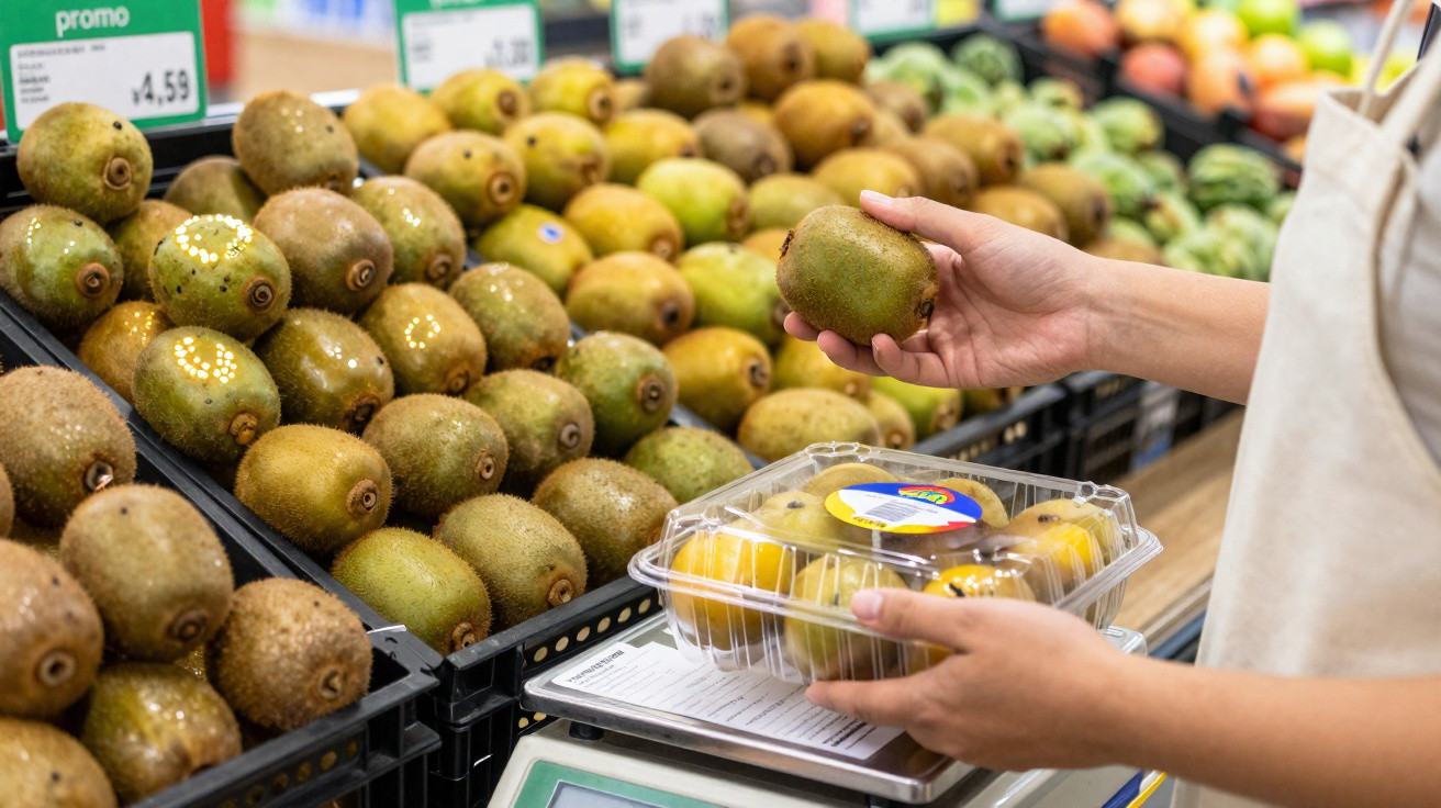 Pessoa segurando um quivi e uma embalagem plástica com kiwis em balcão de supermercado.