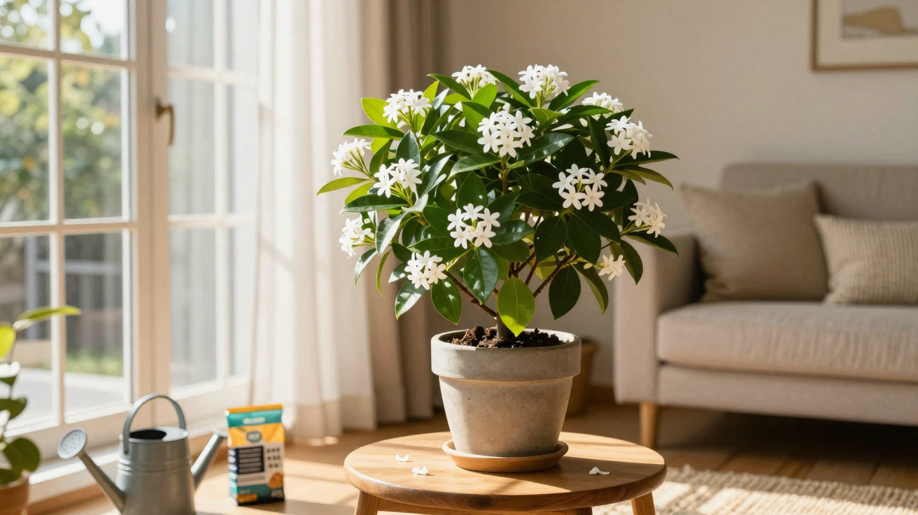 Vaso com planta florida branca sobre mesa redonda em sala iluminada com sofá e regador ao lado.