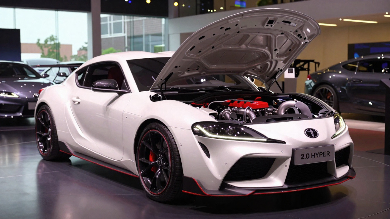 Carro esportivo branco com capô aberto exibindo o motor em salão de automóveis moderno.