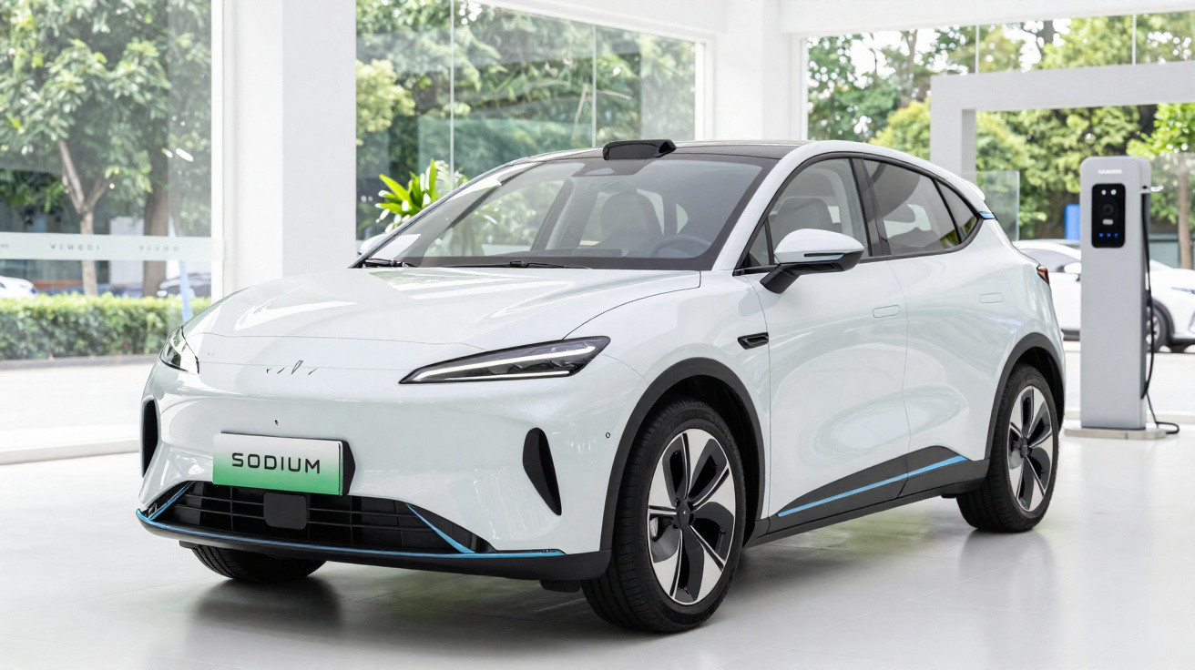 Carro elétrico branco modelo SUV estacionado em showroom com estação de recarga ao fundo.