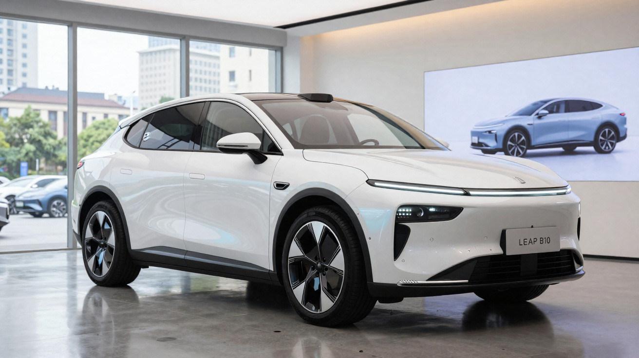 Carro elétrico branco Leap Bio em exposição interna com parede iluminada e janela grande ao fundo.