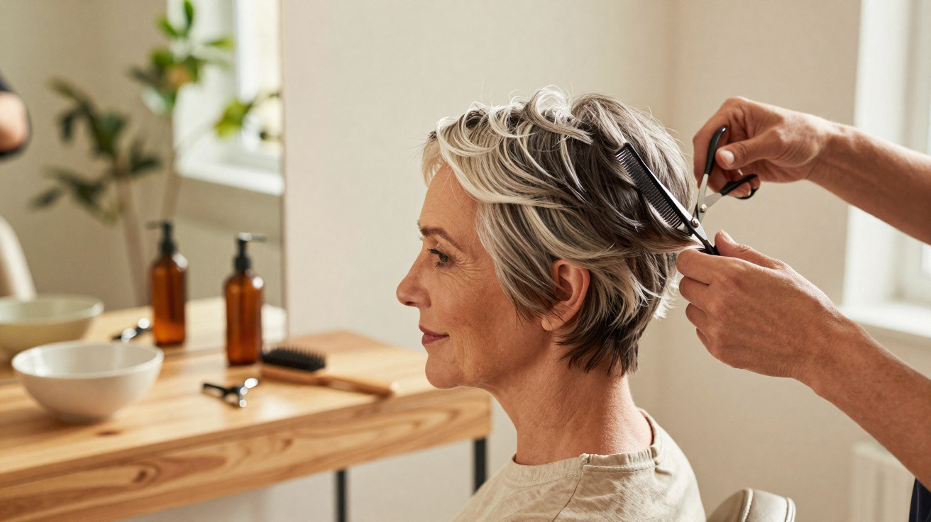 Mulher de cabelo curto e grisalho sendo cortada em salão de beleza com profissional usando tesoura e pente.