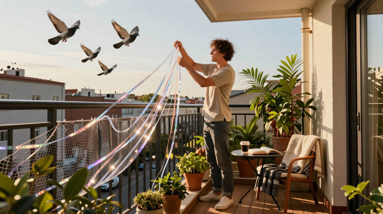 Homem no terraço com plantas solta fitas coloridas que atraem pombos voando em um dia ensolarado.