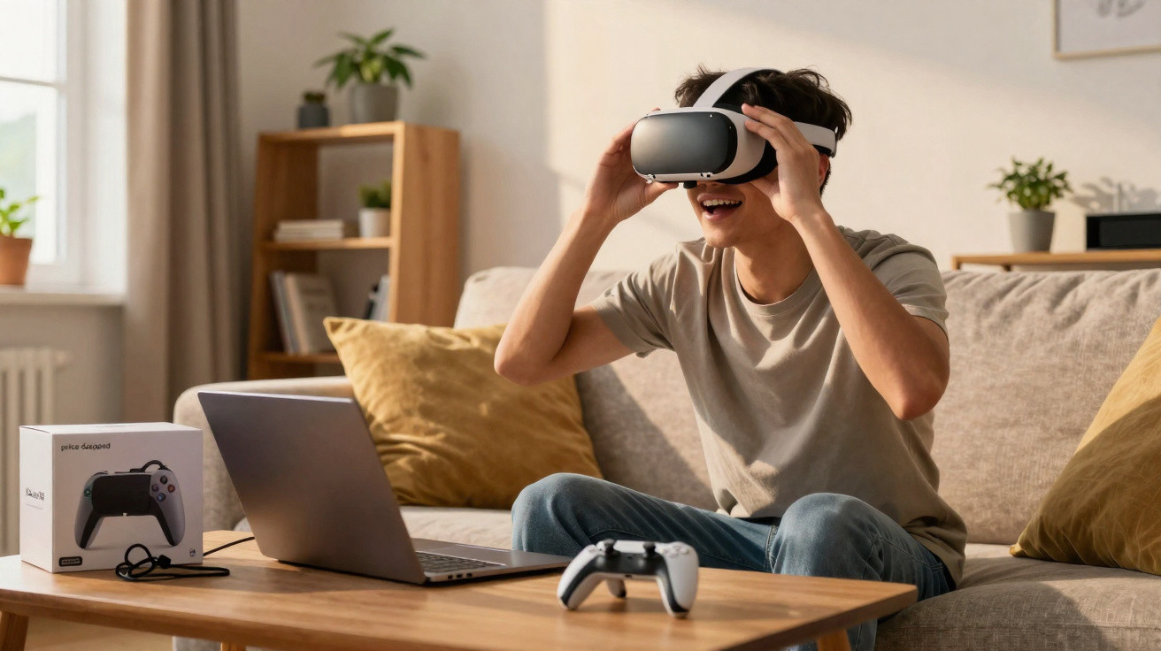 Jovem sentado no sofá usando óculos de realidade virtual com controles e laptop à frente.