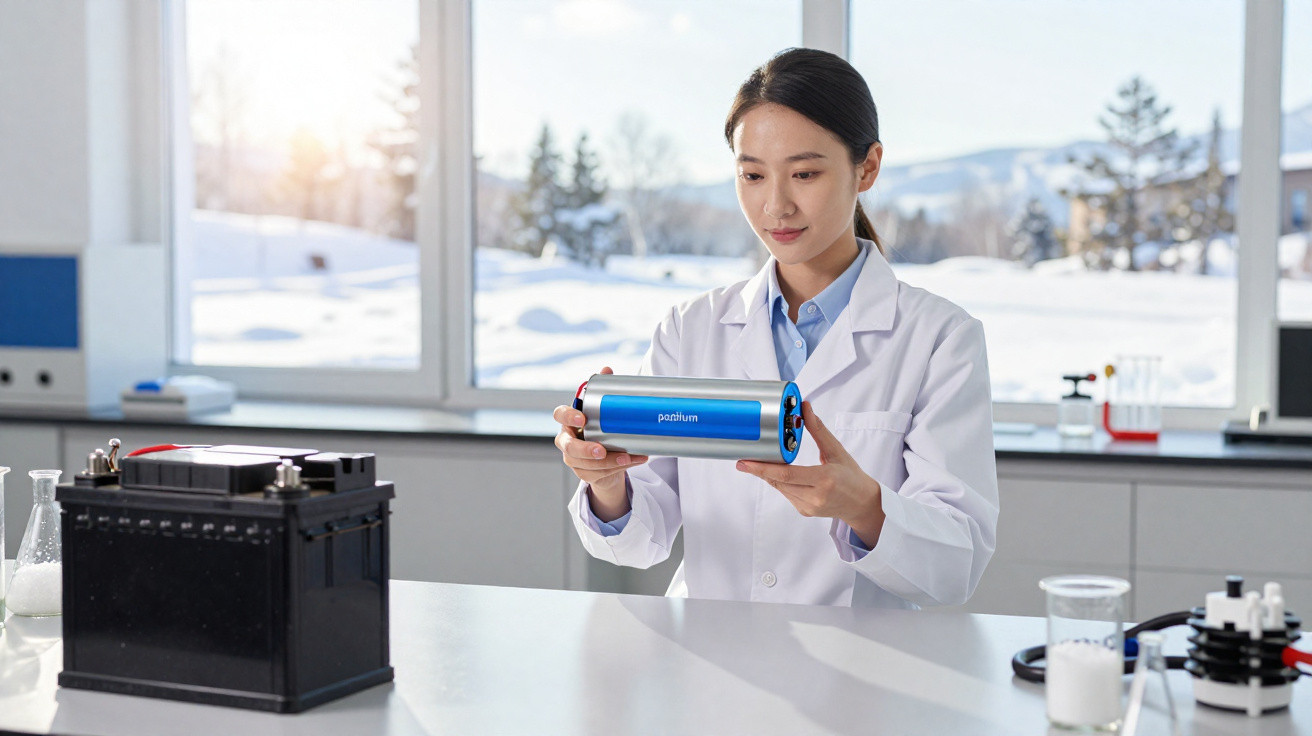 Mulher cientista em laboratório segurando equipamento tecnológico com neve na janela ao fundo.