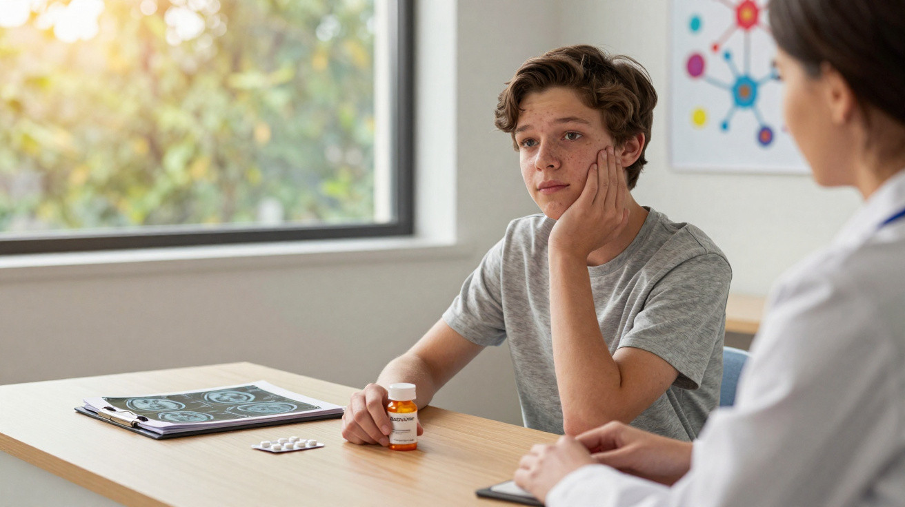Adolescente com expressão preocupada segurando remédio em consulta com médica em ambiente clínico.