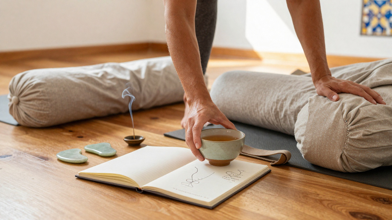 Mãos segurando xícara sobre livro aberto, tapetes de yoga e incenso aceso em ambiente tranquilo.