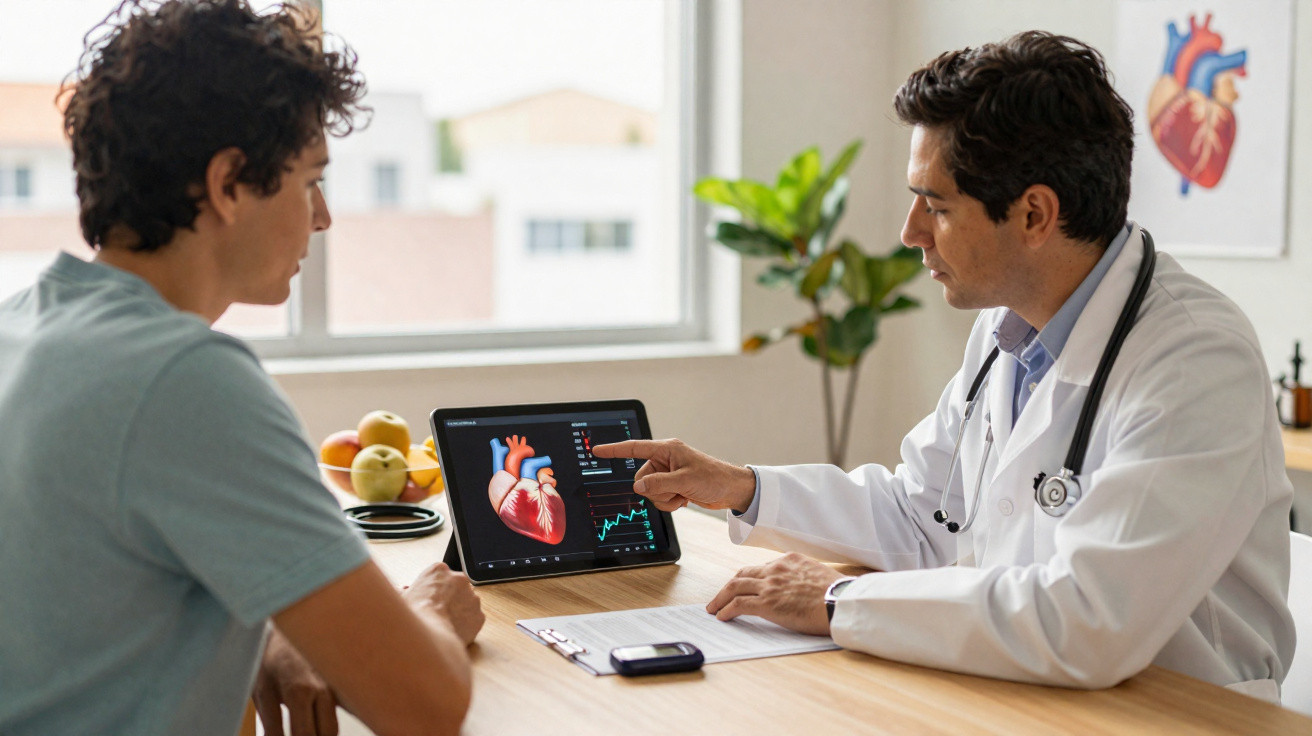 Médico mostrando imagem digital do coração para paciente durante consulta em consultório iluminado.