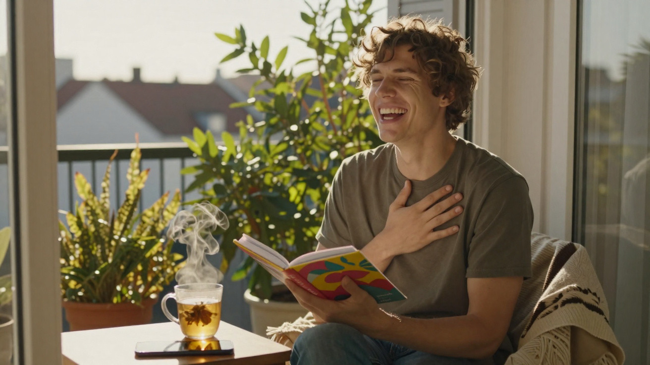 Jovem sorridente lendo livro e tomando chá quente em varanda iluminada pelo sol da manhã.