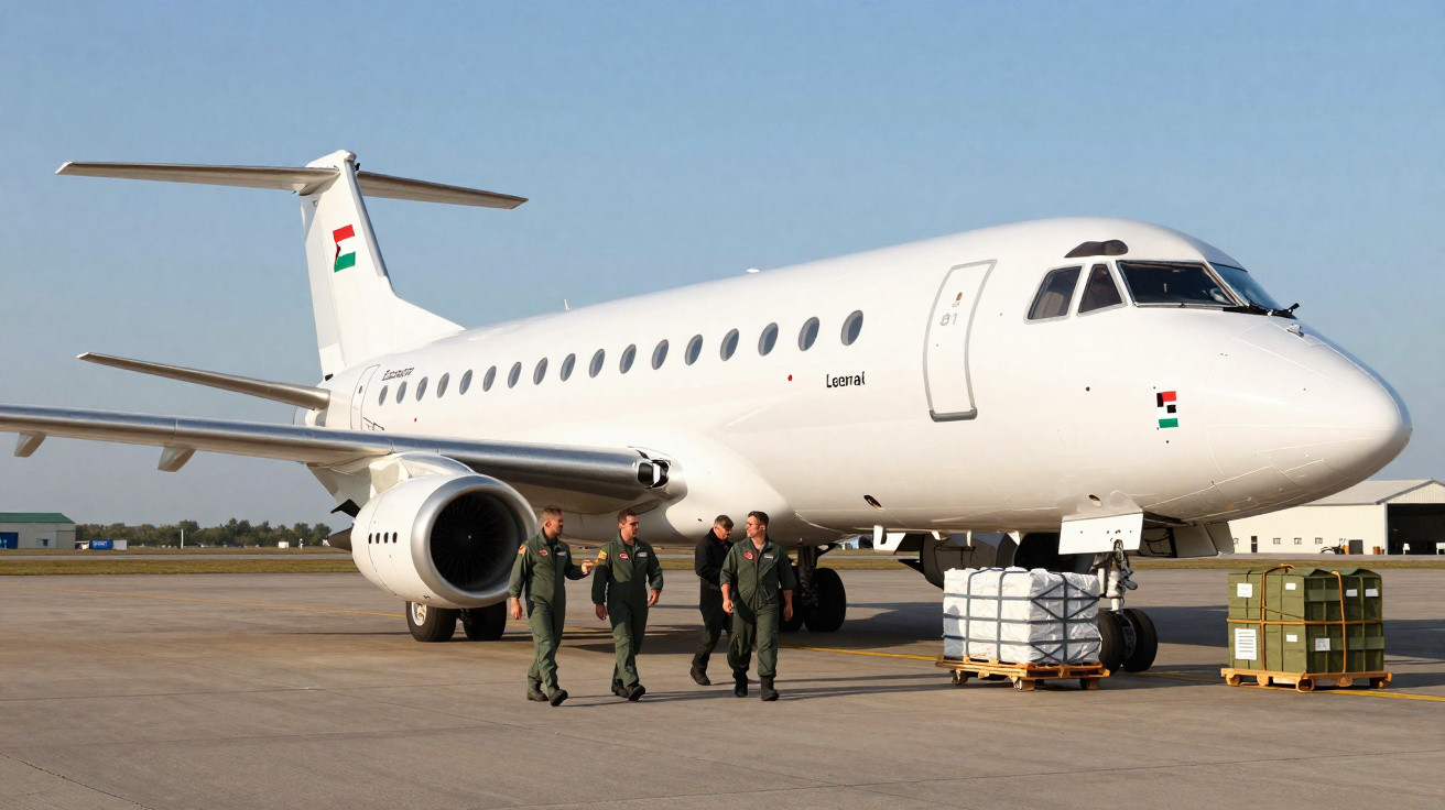 Avião branco estacionado em pista com quatro militares caminhando e duas paletes com cargas ao lado.
