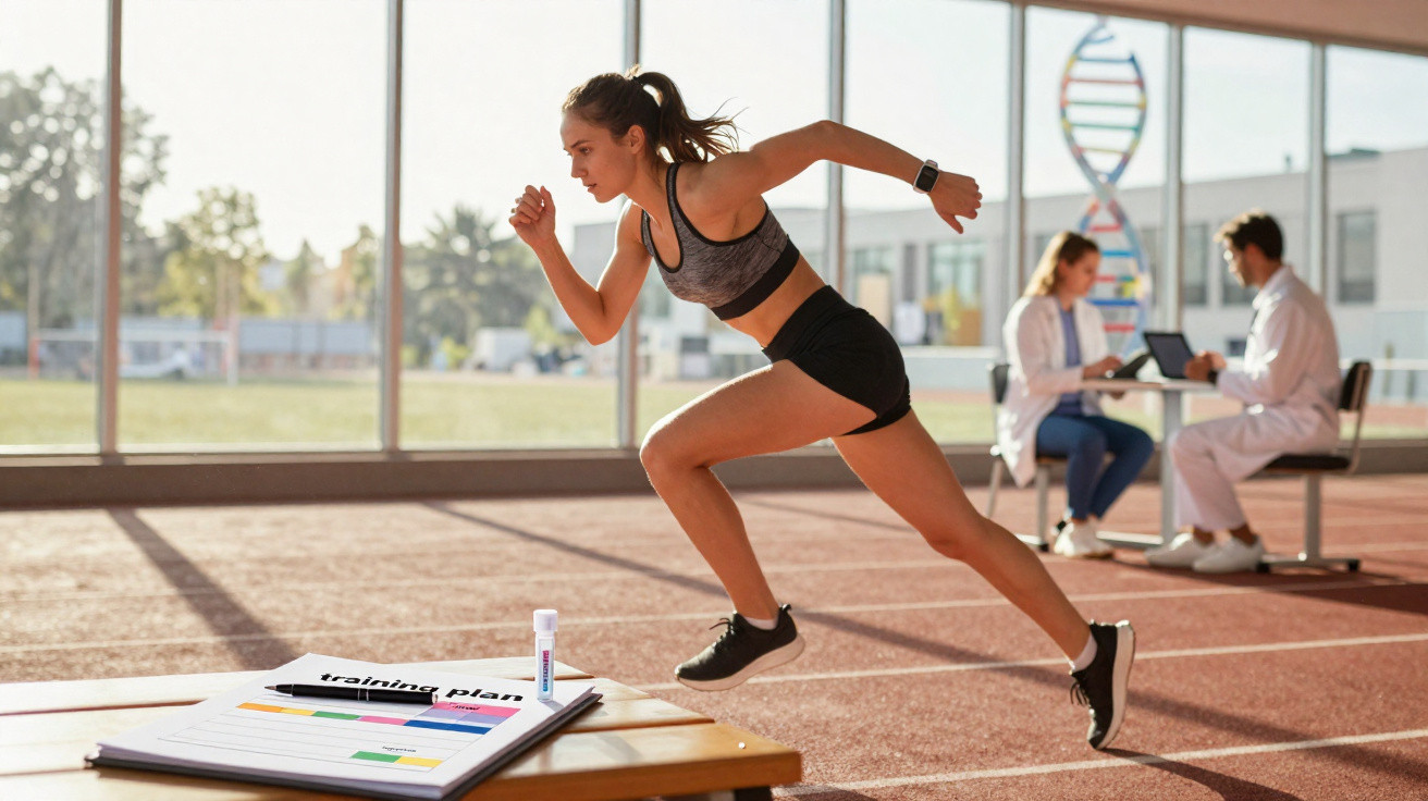 Mulher em roupa esportiva correndo em pista coberta com profissionais analisando dados ao fundo.