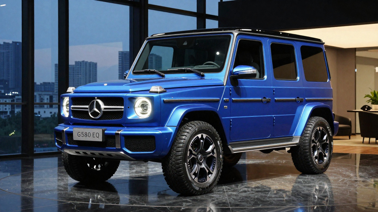 Carro SUV Mercedes-Benz G580 EQ azul estacionado em ambiente interno moderno com janelas grandes.
