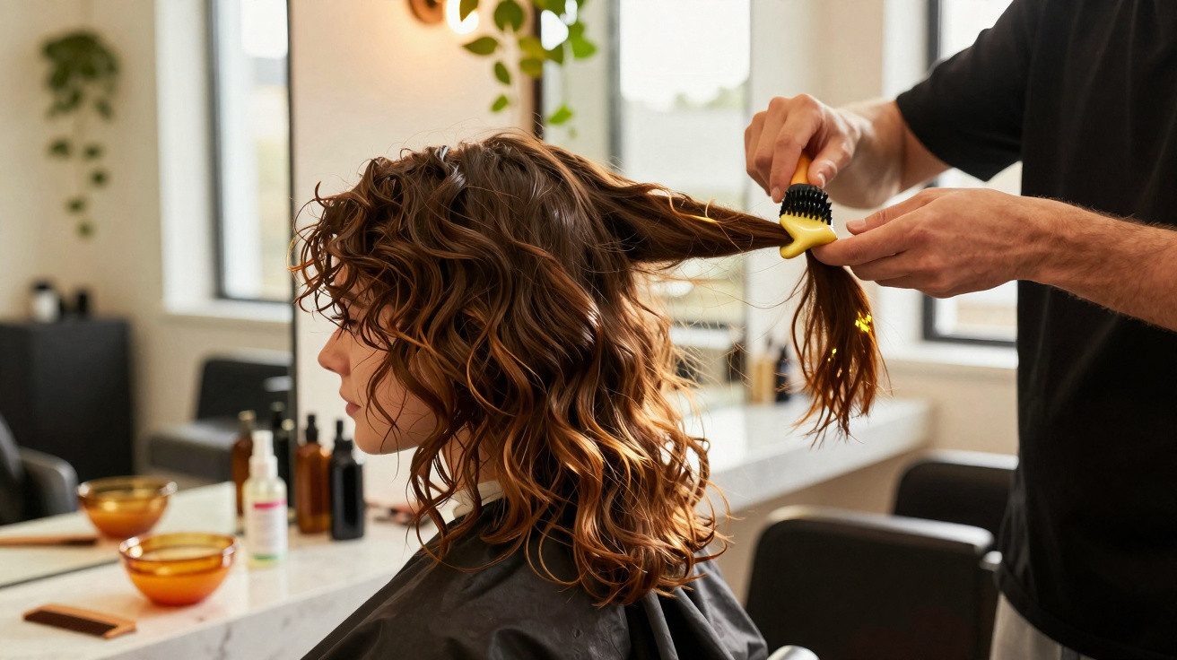 Pessoa com cabelo cacheado sendo penteada em salão de beleza moderno e iluminado.