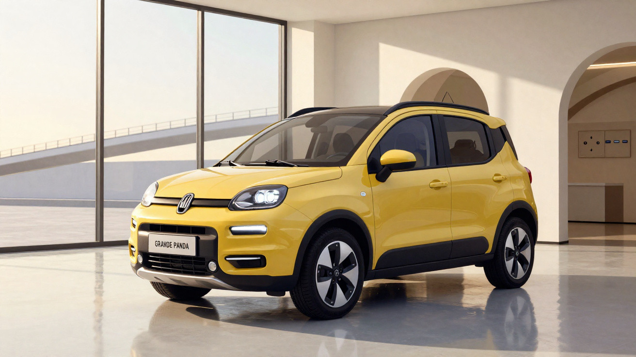 Carro compacto amarelo Fiat Grande Panda estacionado em ambiente interno moderno e iluminado.