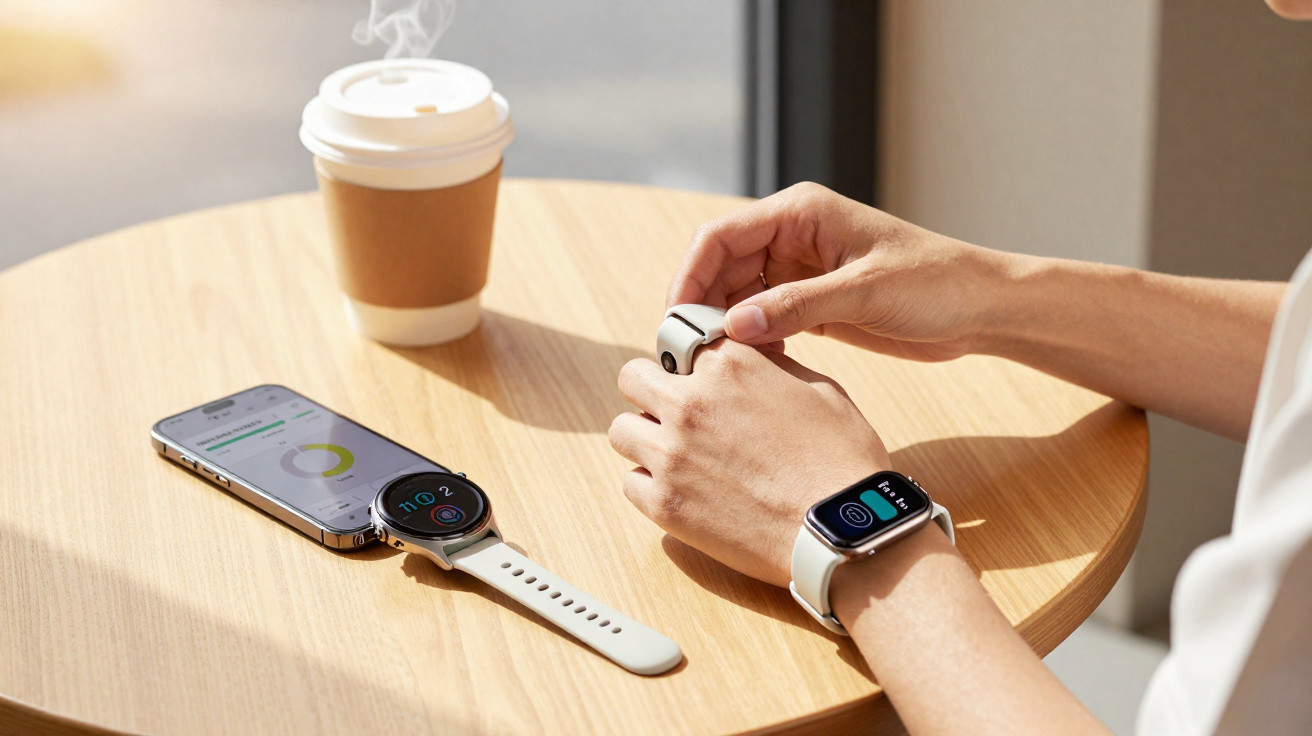 Pessoa ajustando smartwatch branco em mesa com outro relógio, celular e copo de café com tampa.