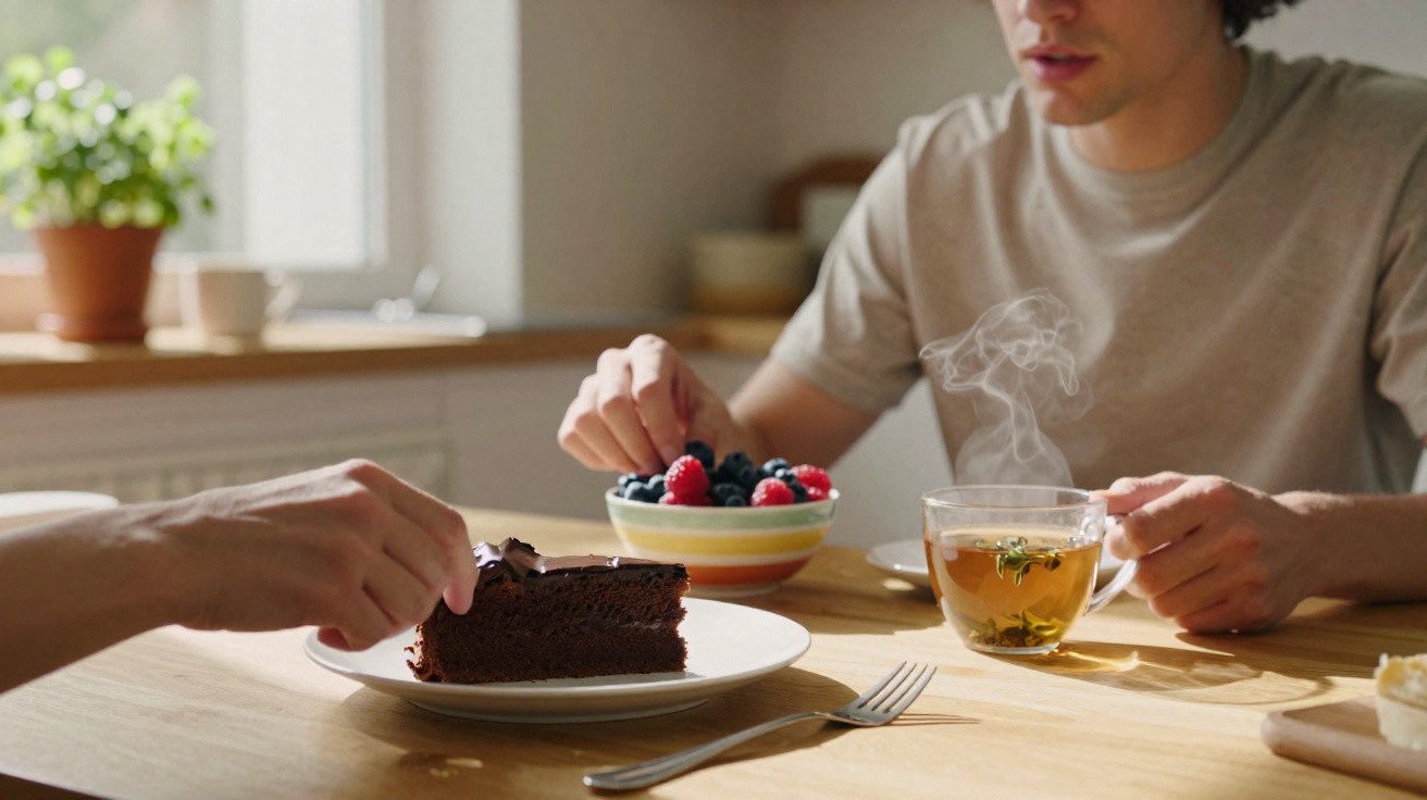 Pessoa segurando xícara de chá e outra pegando pedaço de bolo de chocolate em mesa de madeira.