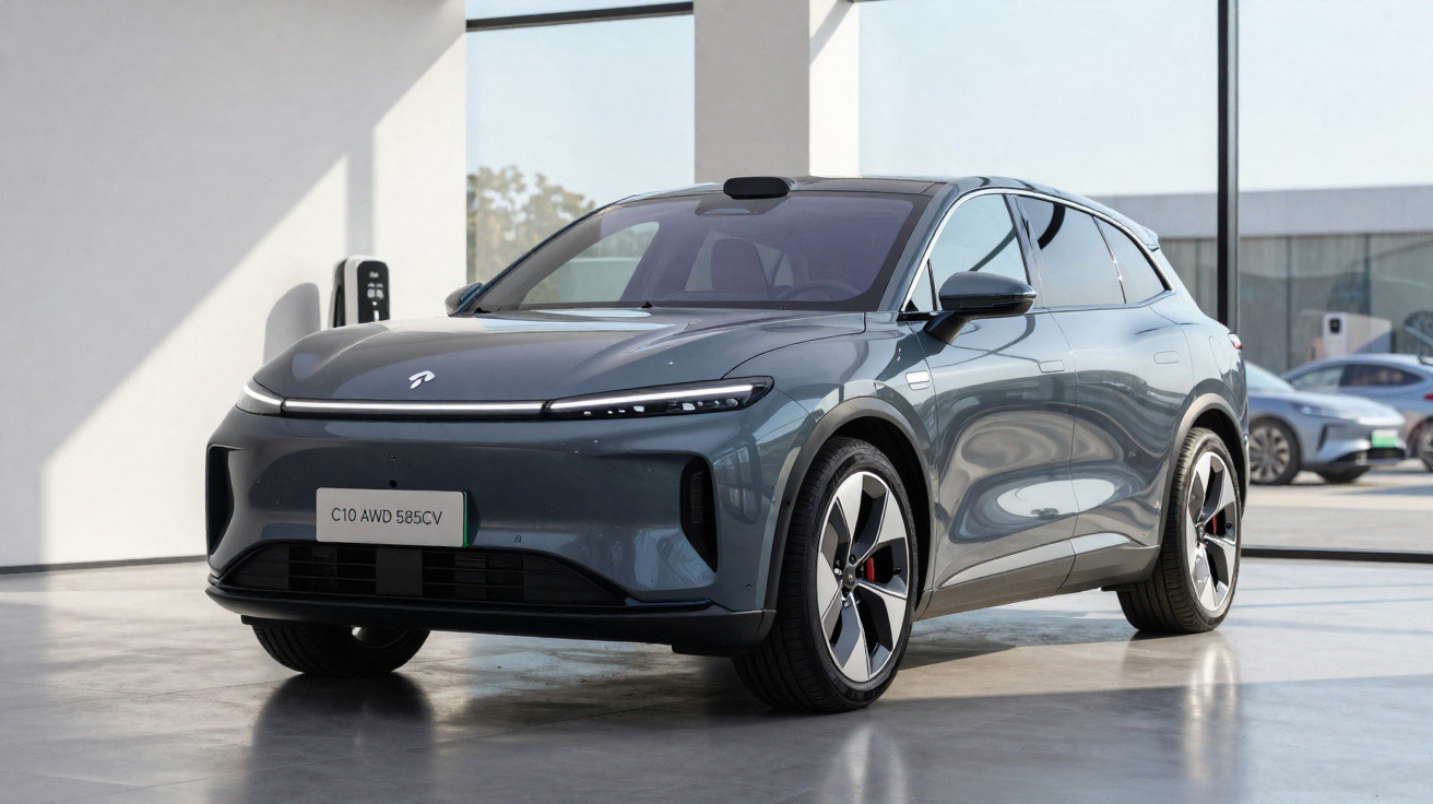 Carro elétrico cinza estacionado em espaço iluminado, modelo SUV com design moderno e aerodinâmico.