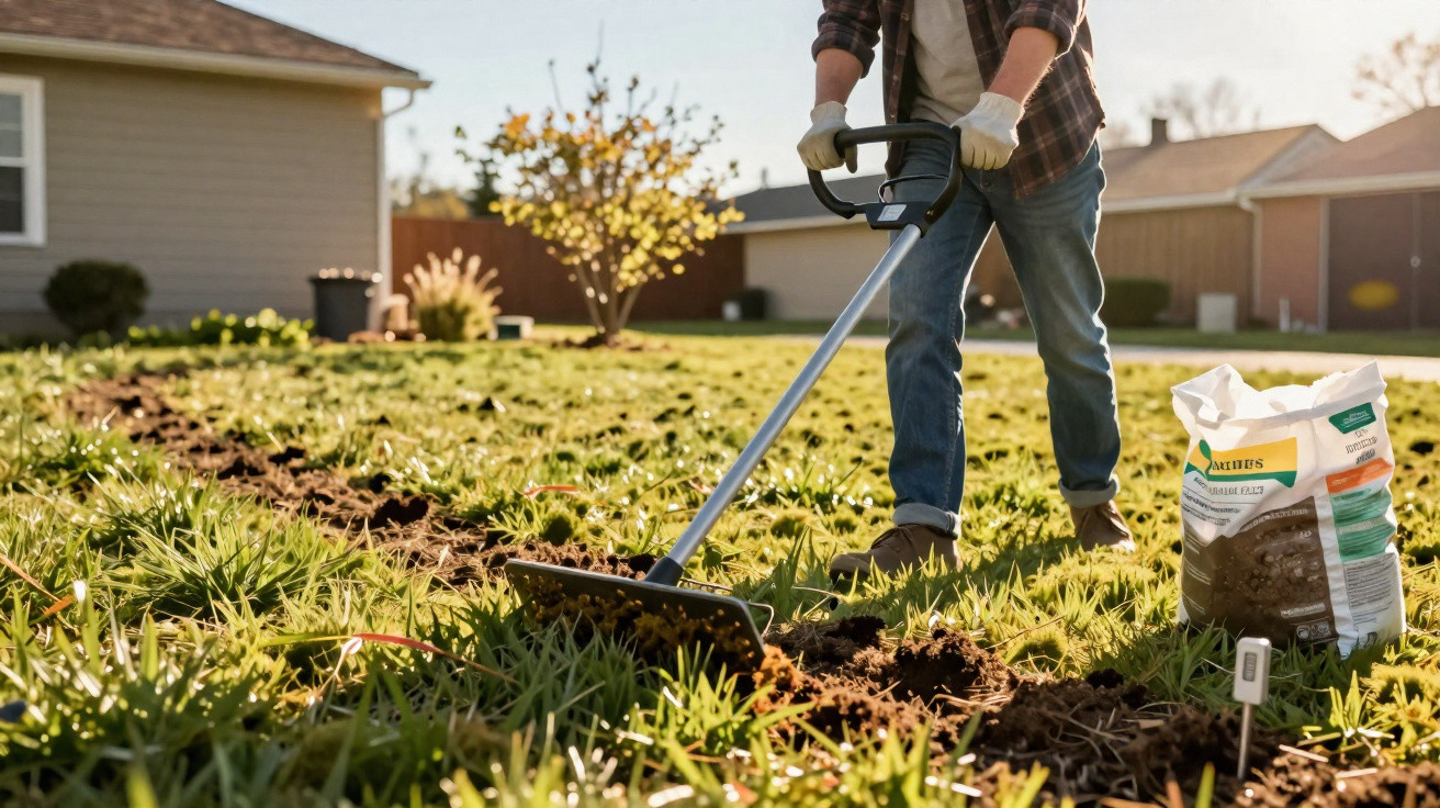 Pessoa utilizando enxada para cultivar terra em jardim gramado em área residencial ao ar livre.
