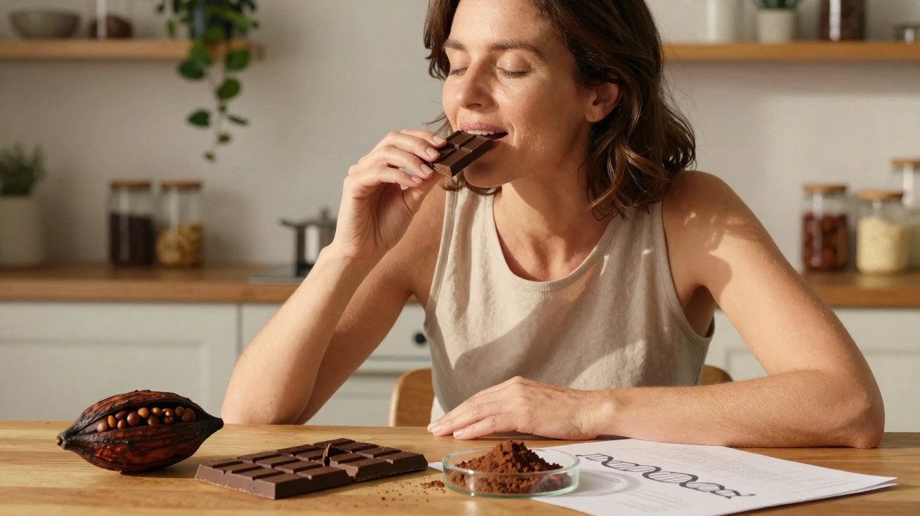 Mulher saboreando pedaço de chocolate em cozinha, com barra de chocolate e cacau sobre a mesa.