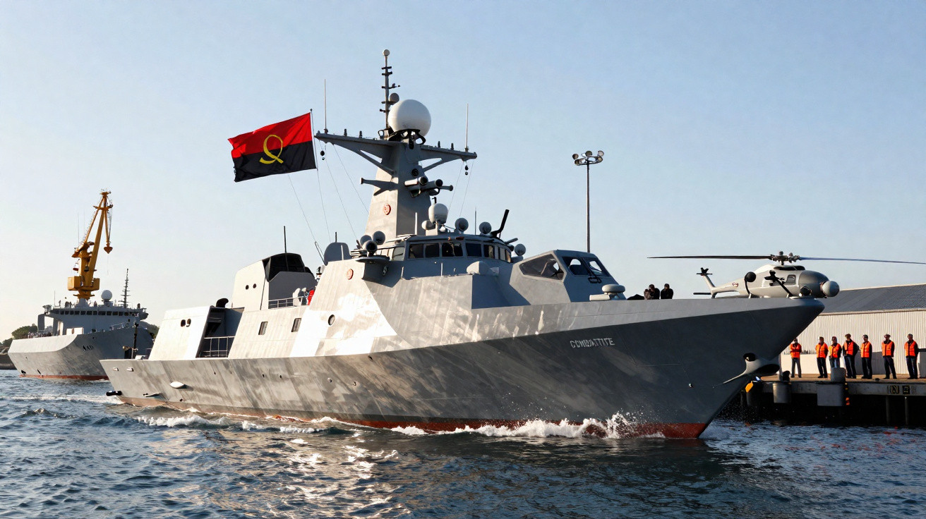 Navio de guerra com bandeira de Angola atracado em porto, com tripulação em uniforme laranja no cais.