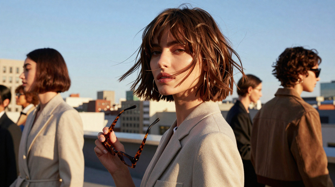 Mulher de cabelo curto segurando óculos escuros, com outras pessoas ao fundo em ambiente urbano ao entardecer.