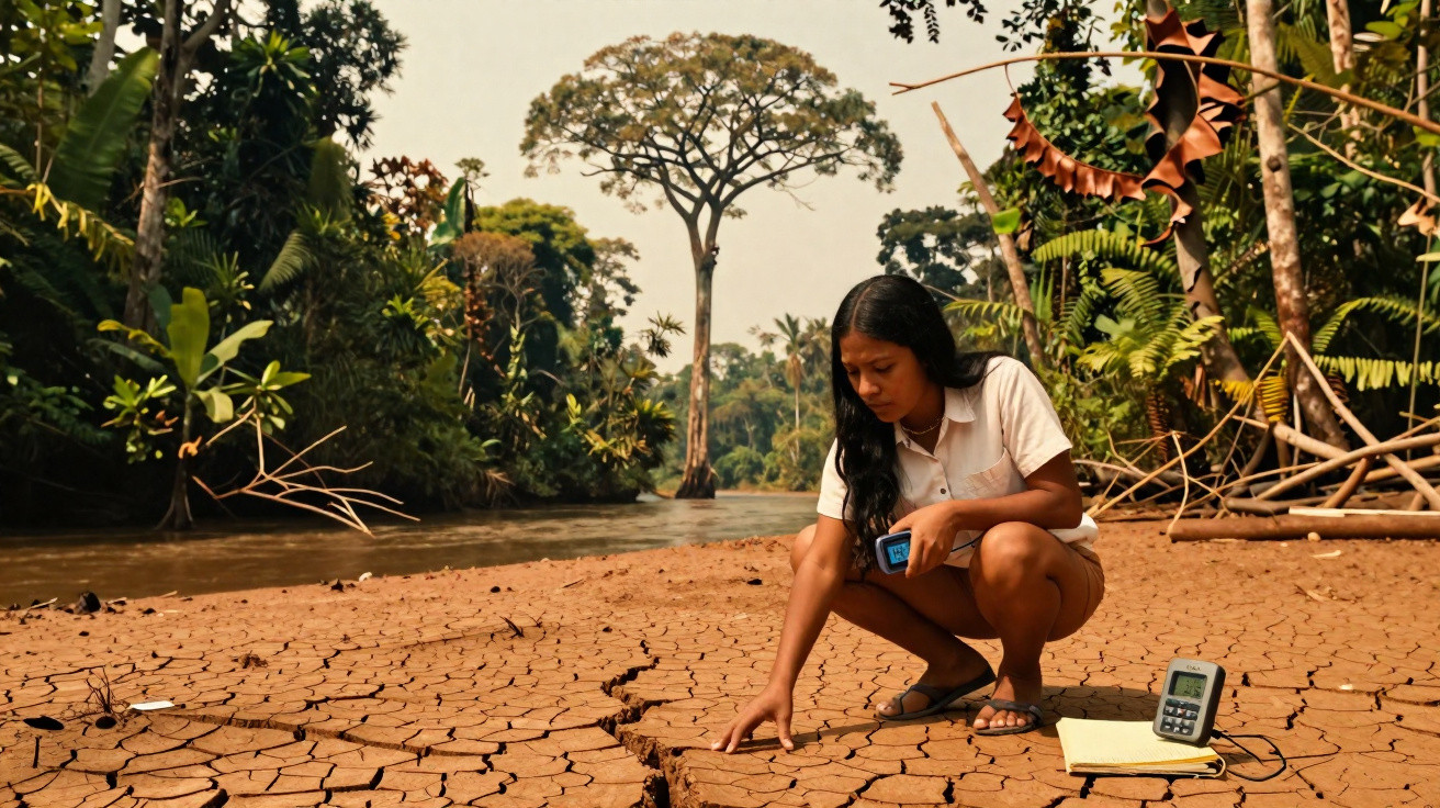 Mulher em área seca e rachada perto de rio, coletando dados ambientais com aparelhos eletrônicos.