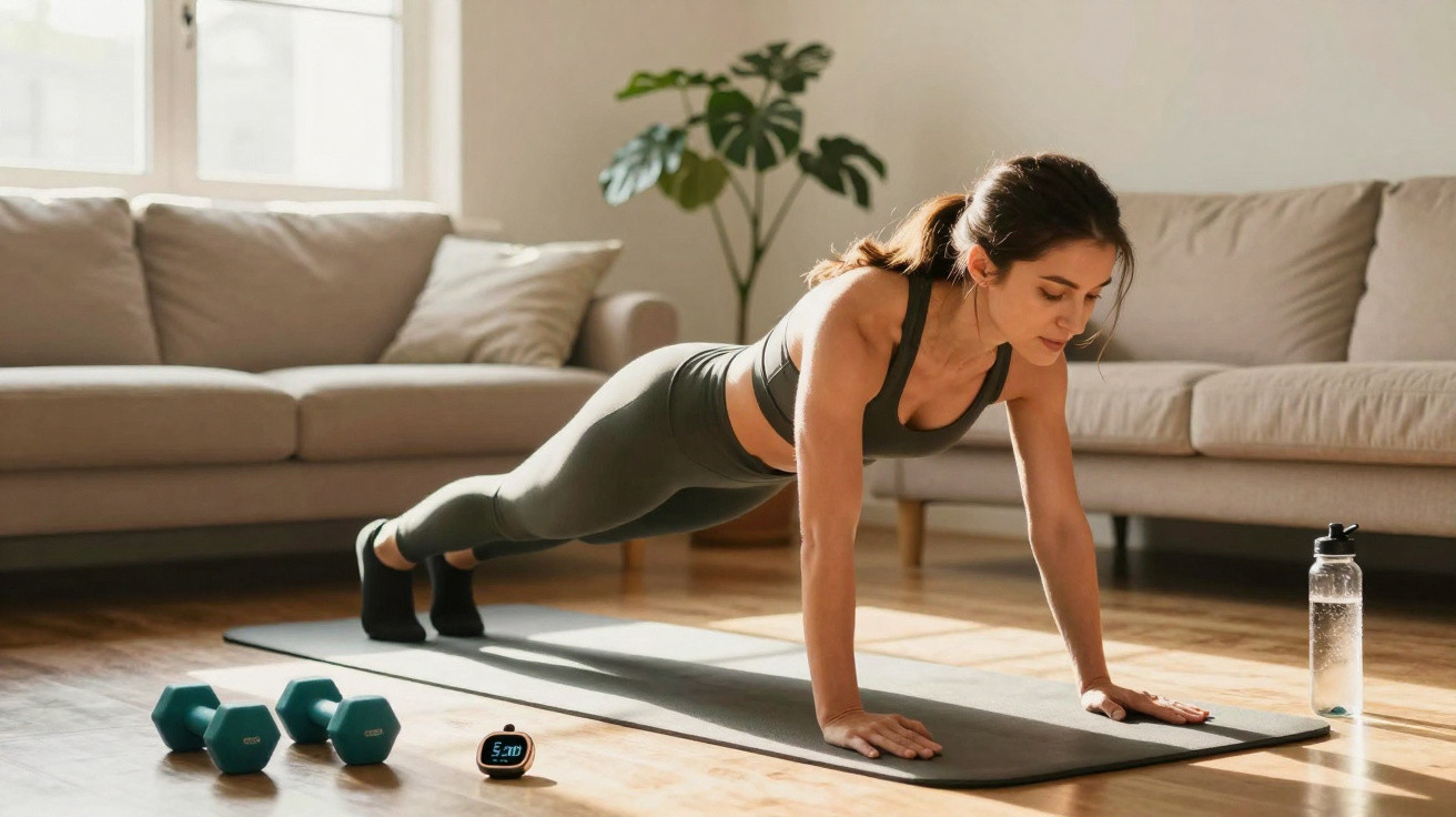 Mulher fazendo prancha em tapete de yoga na sala com halteres, relógio e garrafa de água ao redor.