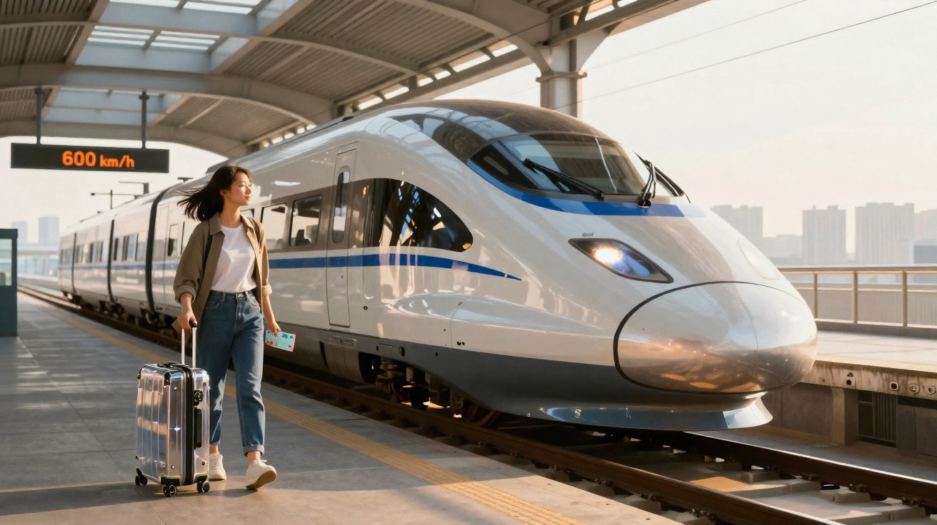Mulher jovem com mala de rodinhas caminha na plataforma ao lado de trem-bala branco e azul, velocidade 600 km/h.