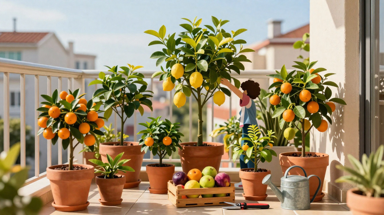 Varanda com vasos de plantas frutíferas, regador e pessoa colhendo frutas cítricas.