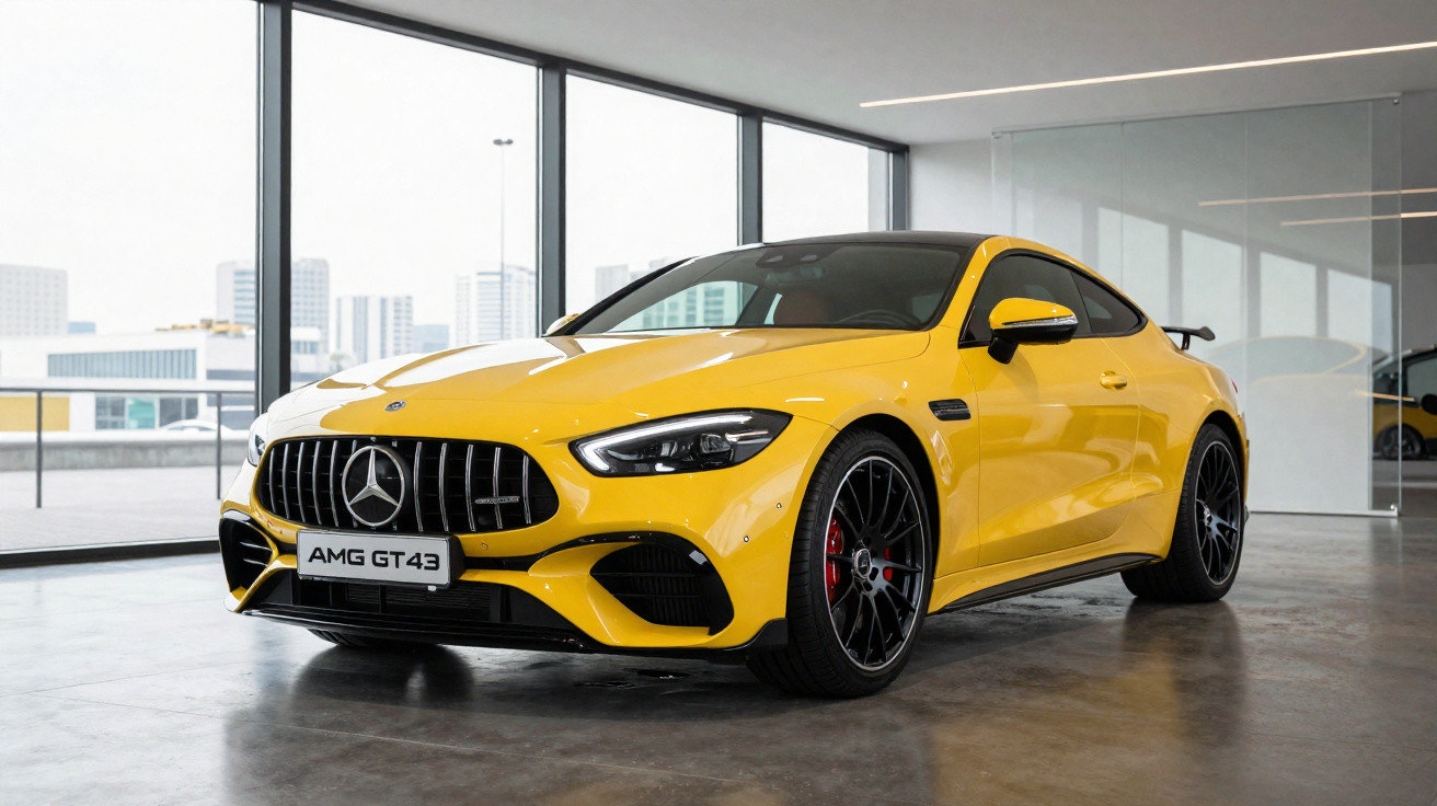 Carro esportivo Mercedes-Benz AMG GT43 amarelo estacionado em garagem com paredes de vidro.