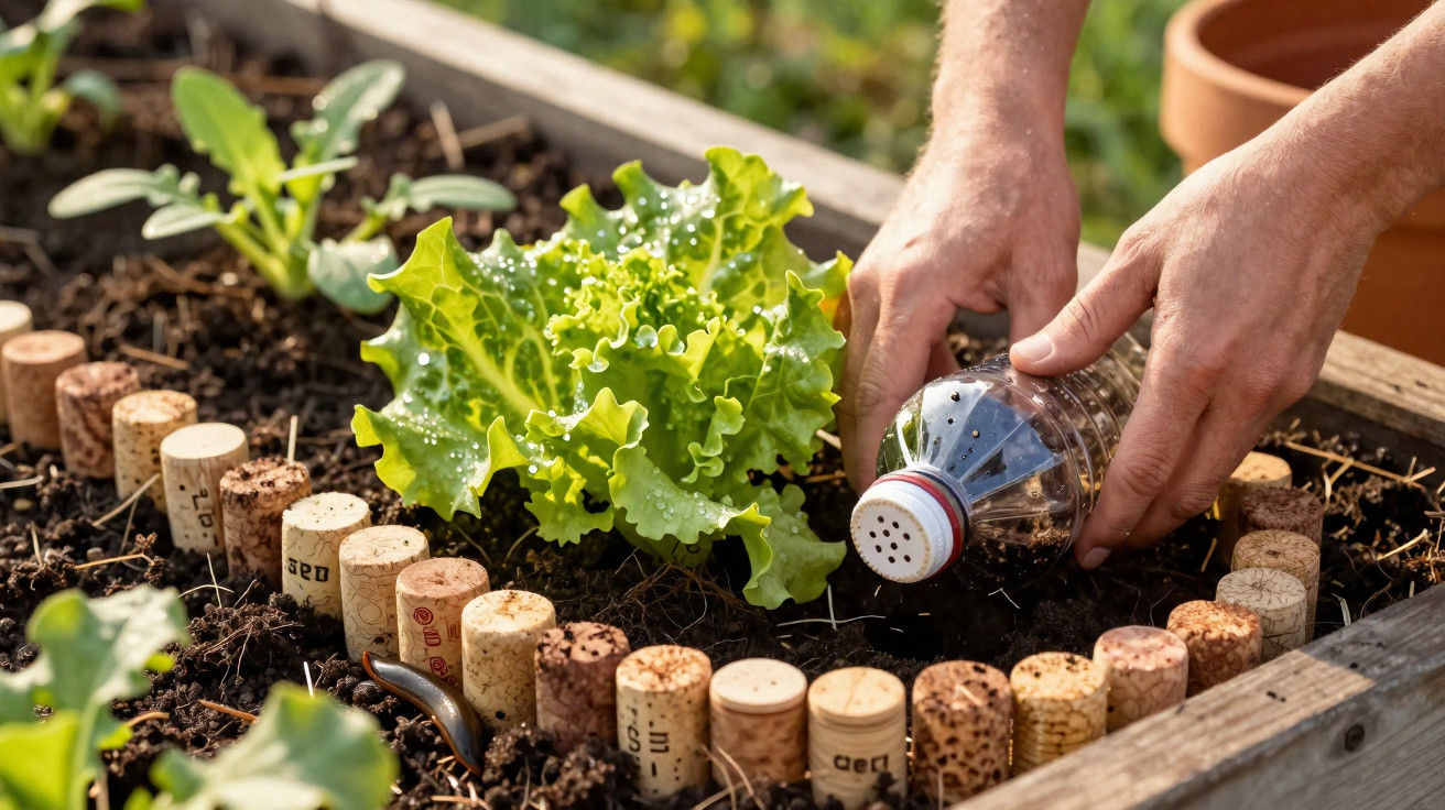 Mãos regando planta com garrafa PET em horta caseira com alface e rolhas de vinho.