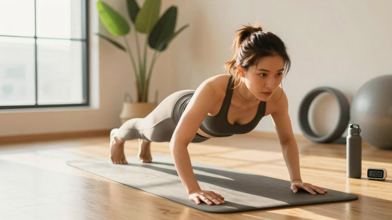 Mulher fazendo prancha sobre tapete de yoga em ambiente iluminado e arejado.