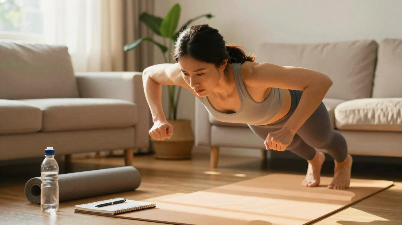 Mulher fazendo prancha com elevação dos braços em tapete de yoga em sala de estar iluminada.