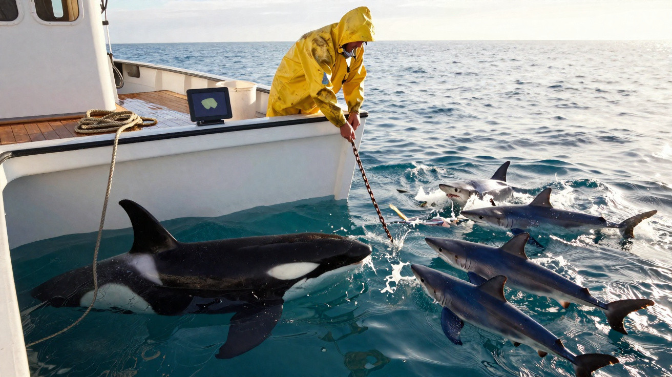 Pessoa com capa amarela em barco alimenta orca e quatro tubarões no mar calmo durante o dia.