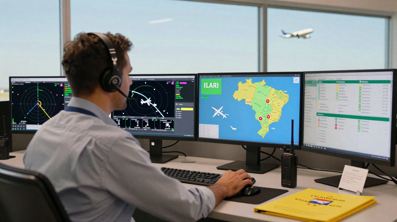 Homem com headset monitora voo em três telas com mapa do Brasil e radar em escritório com janela e avião ao fundo.